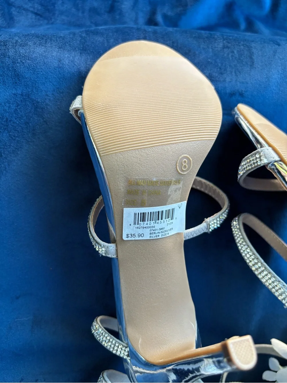 Windsor Silver Spiral Rhinestone Strap Stiletto Sandals Size 8